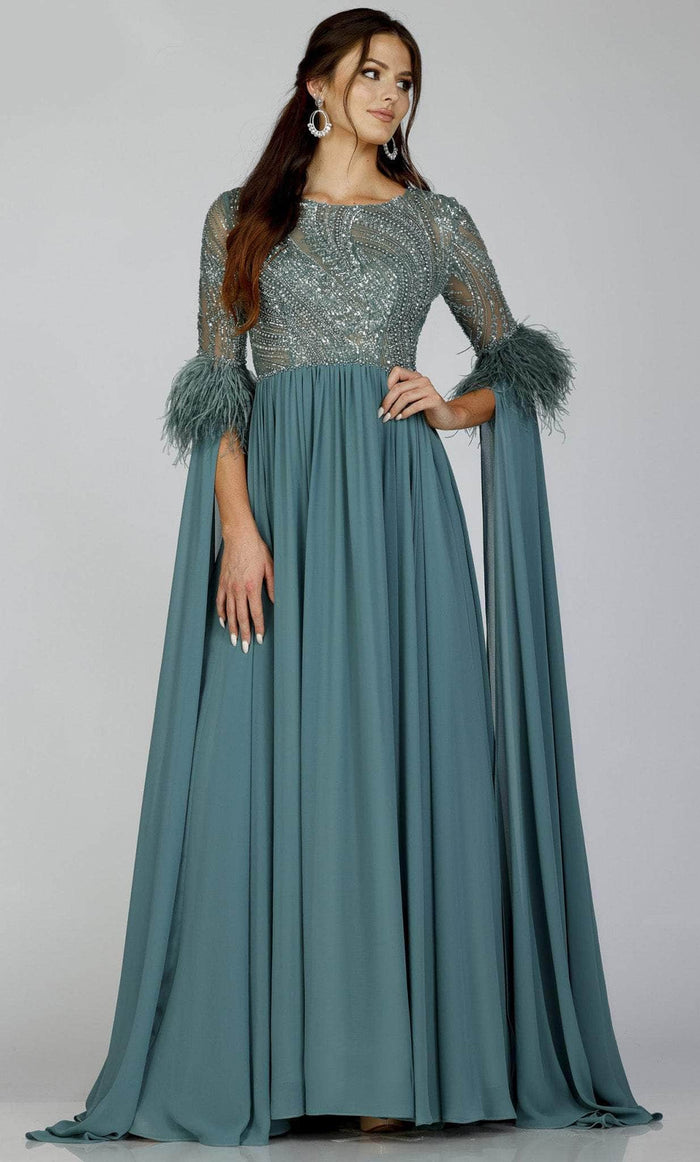 Terani Couture 231M0492 - Feathered Split Sleeve Chiffon Gown Evening Dresses 0 / Emerald