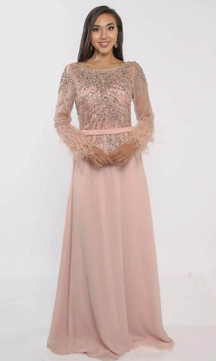 Terani Couture 241M2718 - Feather Embellished Long Sleeve Evening Dress Evening Gown 00 / Blush