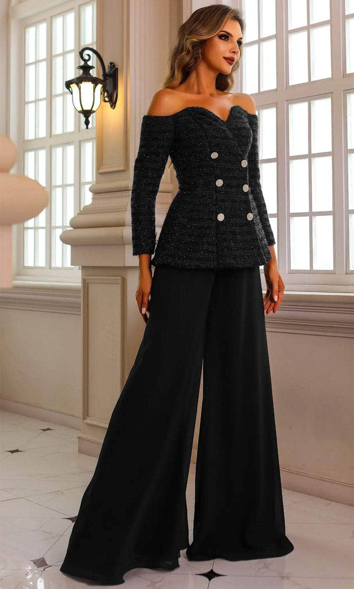 Terani Couture 242E3185 - Metallic Lace Long Sleeve Pantsuit Formal Pantsuits 00 / Black