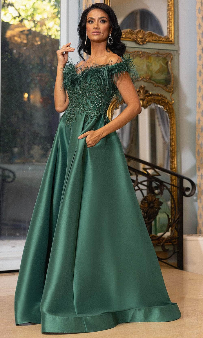 Terani Couture 242M3357 - Feather Accent Off Shoulder Evening Gown Prom Dresses 00 / Emerald