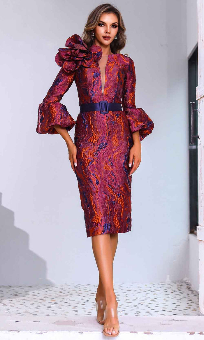 Terani Couture 251C4167 - Quarter Sleeve Lava Jacquard Cocktail Dress Cocktail Dresses 00 / Clay