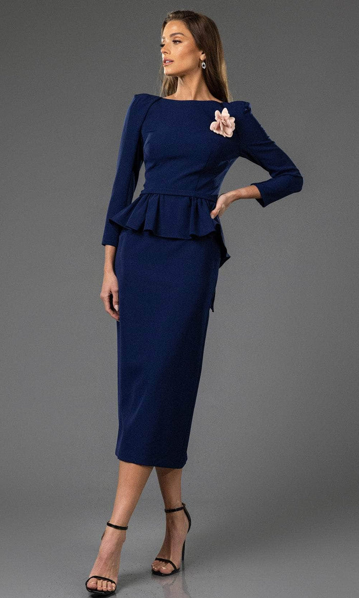 Terani Couture 251C4638 - Bateau Ruffled Peplum Cocktail Dress Cocktail Dresses 00 / Navy Peach