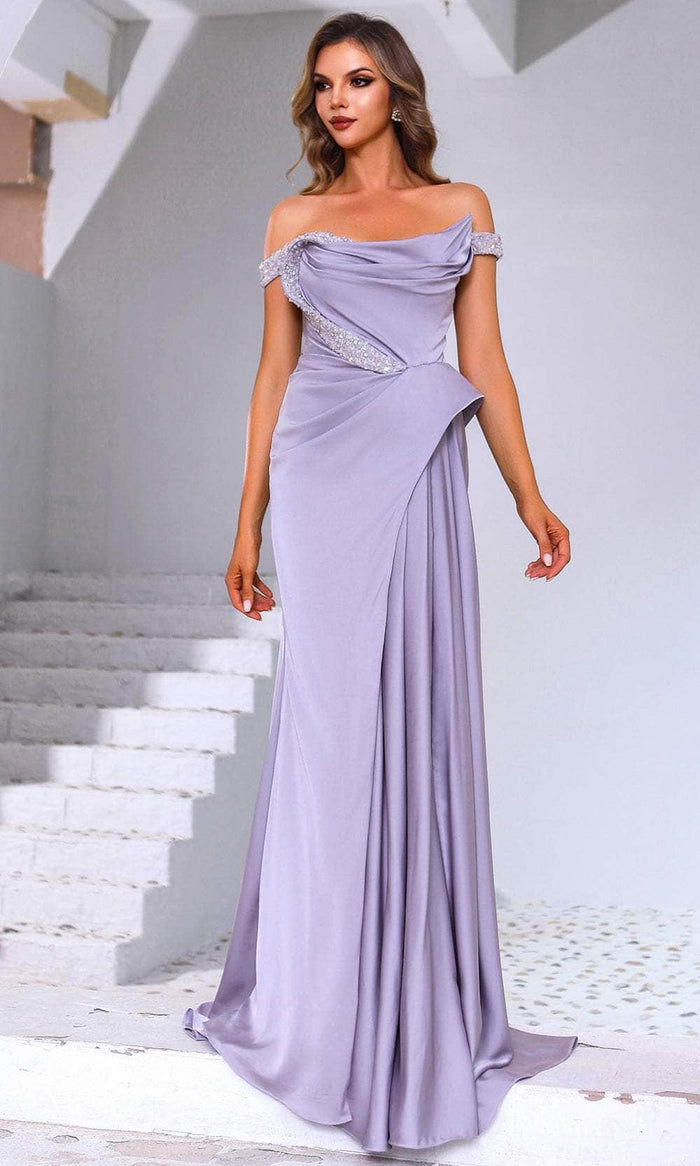 Terani Couture 251E4220 - Beaded Accent Off Shoulder Evening Gown Mother of the Bride Dresses 00 / Lavender