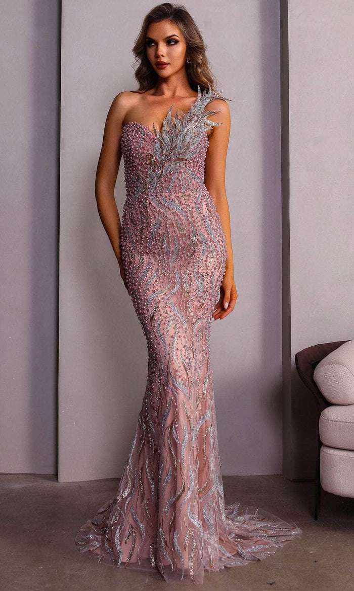 Terani Couture 251GL4315 - One Shoulder Elegant Trumpet Evening Gown Evening Dresses 00 / Rose Gold