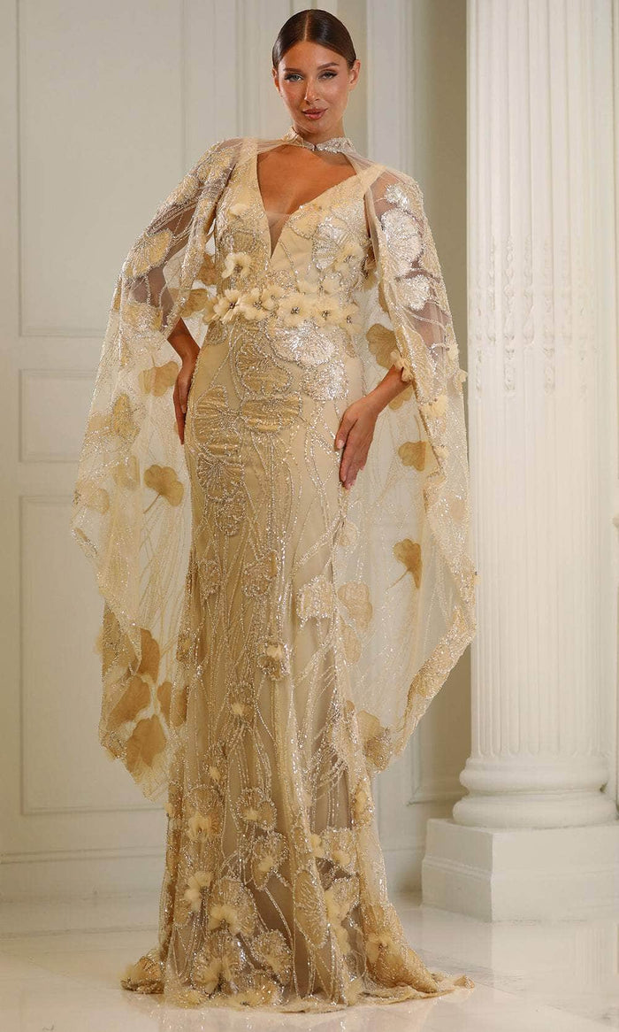 Terani Couture 251M4326 - V-Neck Floral Evening Dress with Cape Mother of the Bride Dresses 00 / Light Gold