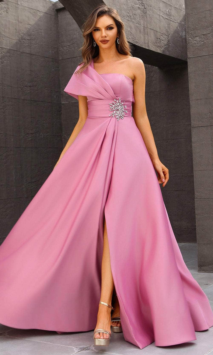 Terani Couture 251M4441 - One Sholder Pleated Waistband Evening Gown Mother of the Bride Dresses 00 / Rose