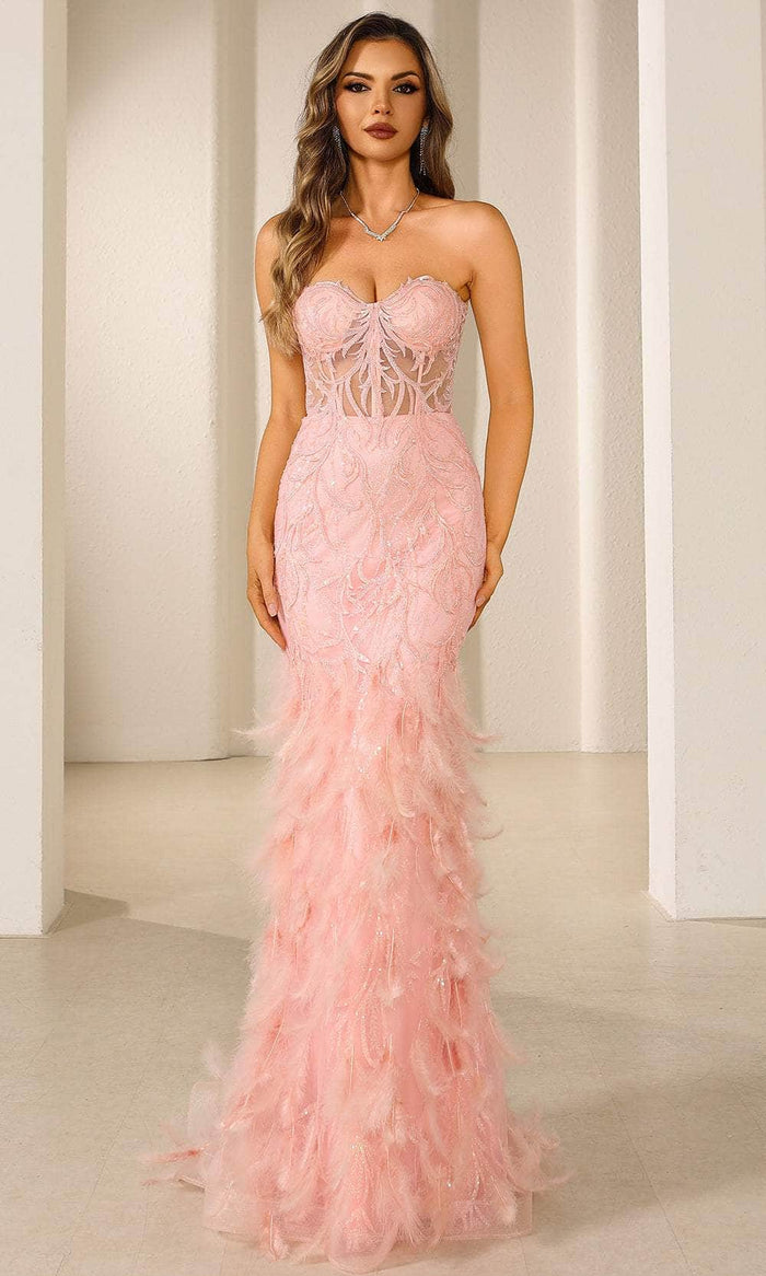 Terani Couture 251P4002 - Feathered Skirt Sweetheart Prom Dress Evening Dresses 00 / Blush