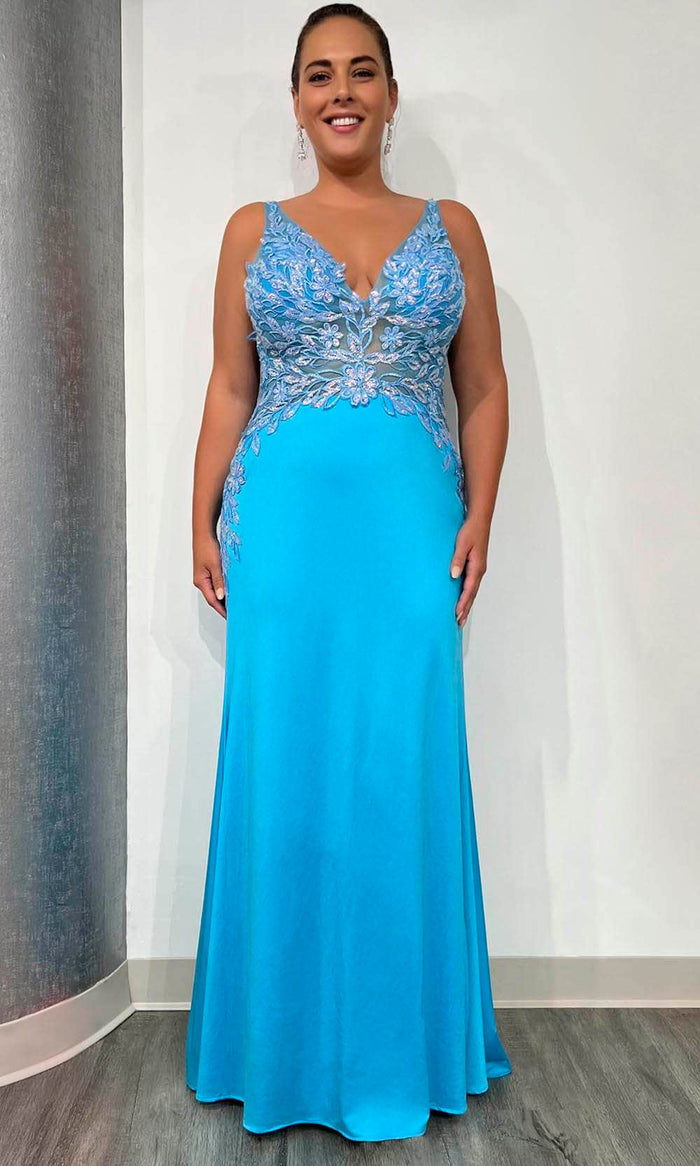 Tiffany Designs 16137 - Beaded Lace Illusion Evening Gown Evening Dresses 14W / Turquoise