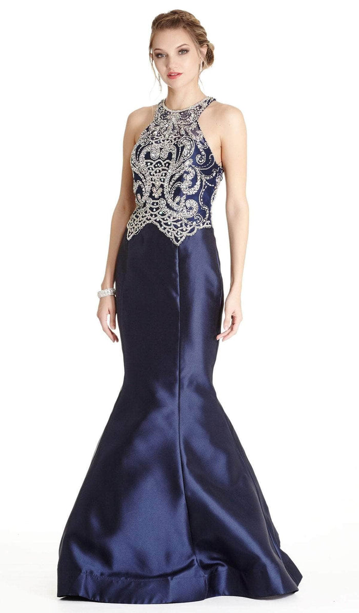 Trevi Collection - Bedazzled Halter Mermaid Evening Dress Evening Dresses XXS / Navy