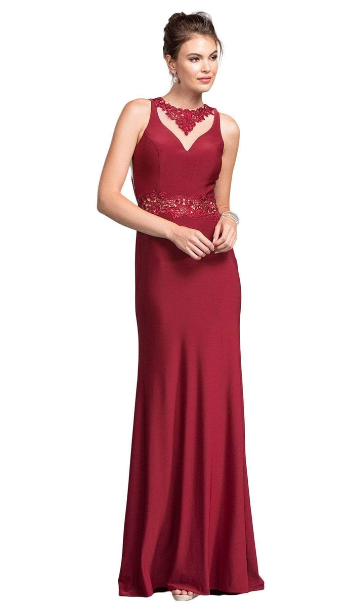 Trevi Collection - Bedazzled Jewel Neck Sheath Prom Dress Evening Dresses XXS / Burgundy