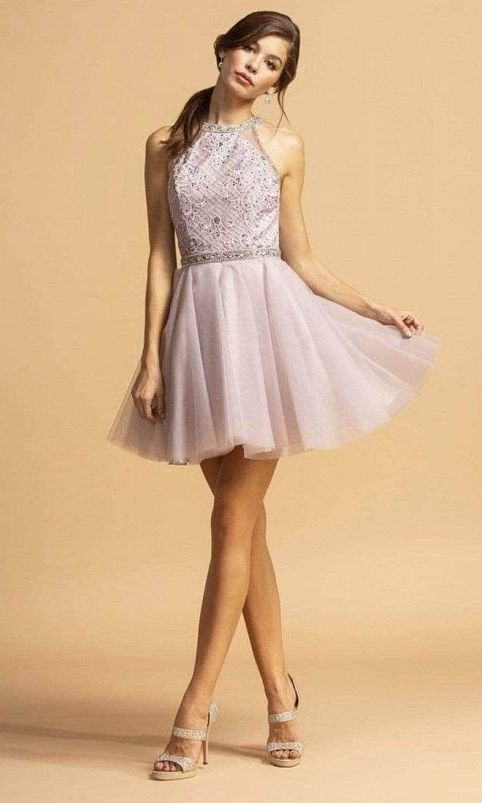 Trevi Collection - Embellished Halter Tulle Cocktail Dress S2095 Cocktail Dresses M / Mauve