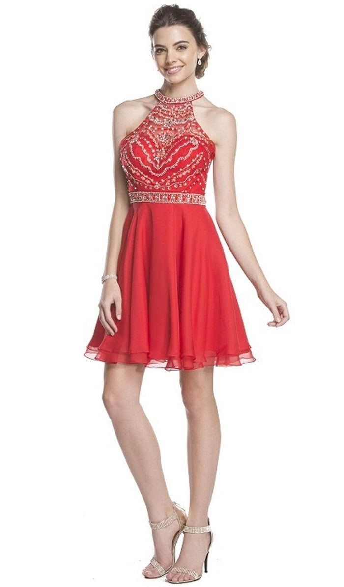 Trevi Collection - Embellished Sheer Halter A-line Homecoming Dress Cocktail Dresses XXS / Red