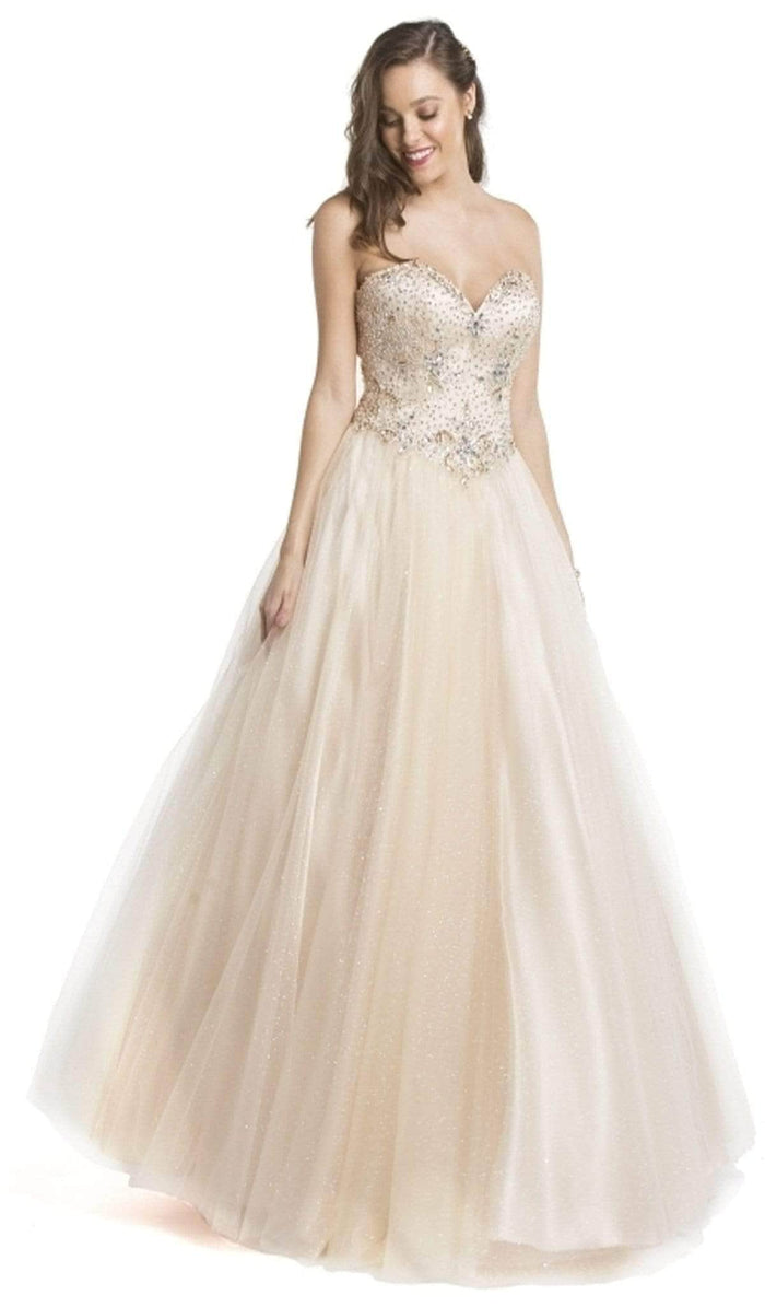 Trevi Collection - Embellished Sweetheart Neckline Evening Gown Ball Gowns XXS / Champagne