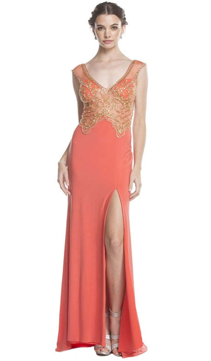 Trevi Collection - Gold Embellished Evening Dress with Slit Evening Dresses XXS / Coral-Gold