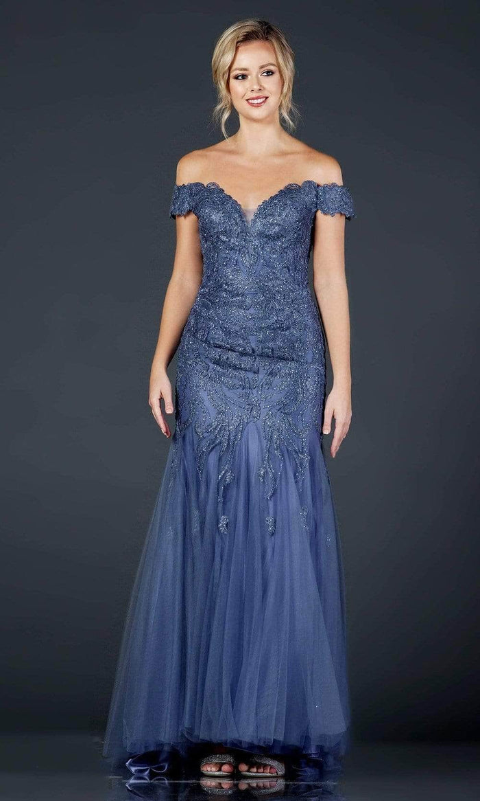 Trevi Collection - L2091 Off Shoulder Trumpet Prom Gown Evening Dresses S / Slate Blue