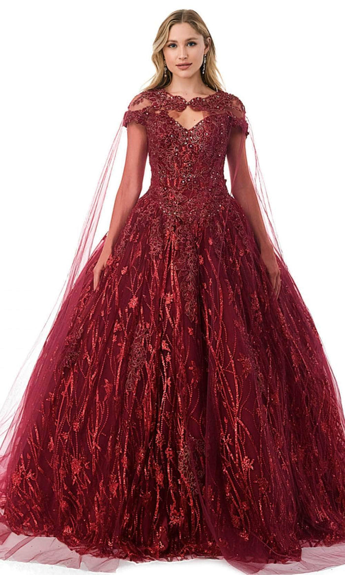 Trevi Collection L2804C - Off Shoulder Beaded Ballgown With Cape Ball Gowns XS / Burgundy