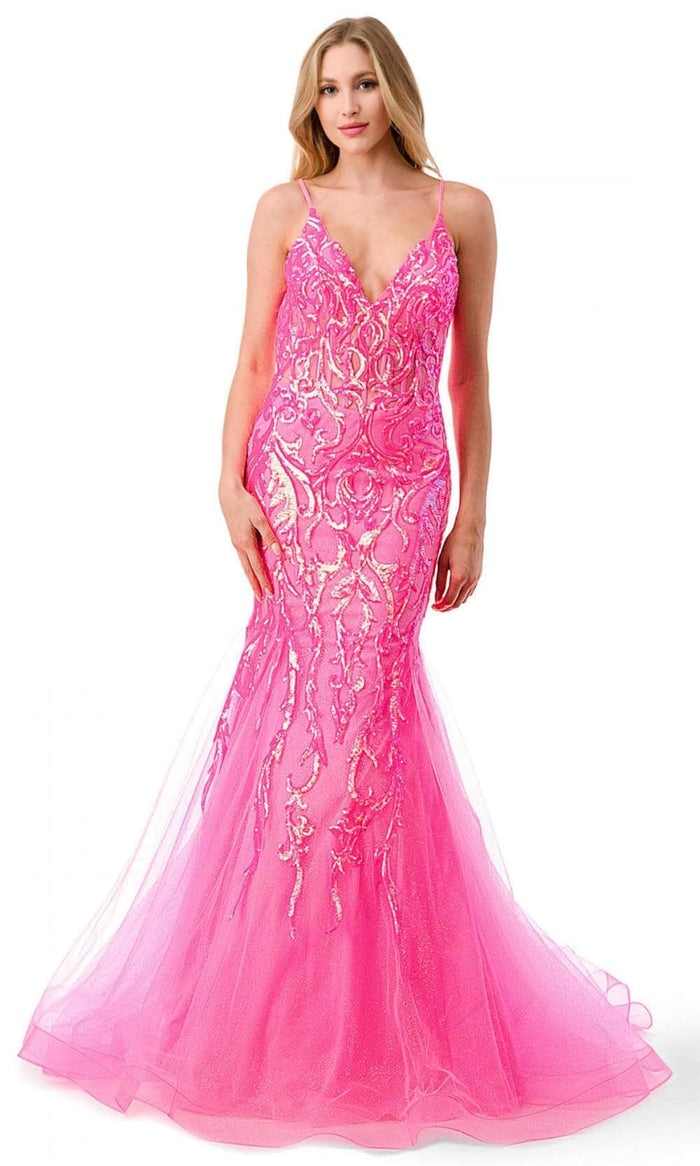 Trevi Collection L2807M - Illusion Corset Sequin Evening Gown Evening Dresses XS / Hot Pink