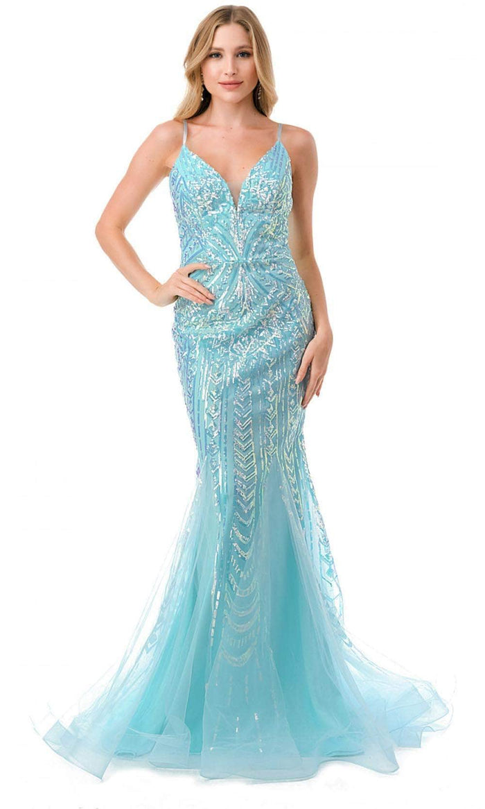 Trevi Collection L2816J - V-Neck Sleeveless Evening Gown Evening Dresses S / Ice Blue