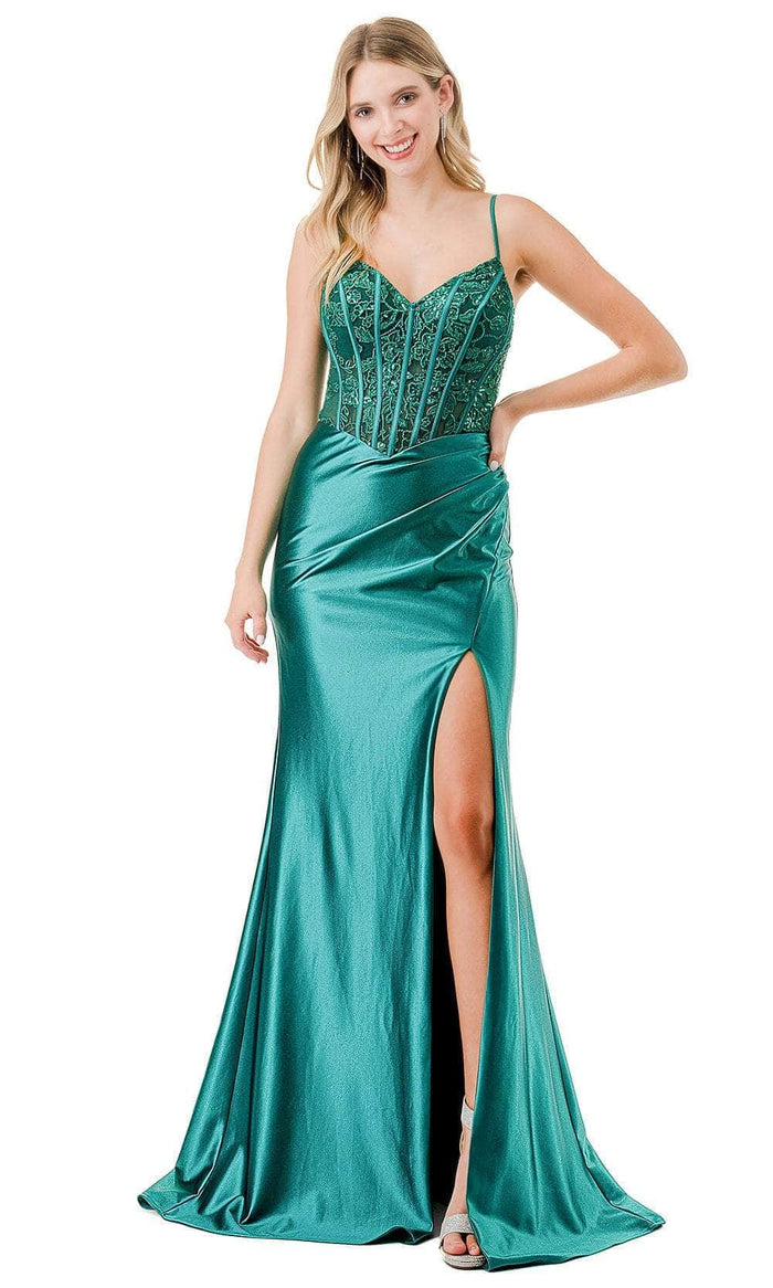 Trevi Collection L2900P - Lace-Up High Slit Prom Dress Prom Dresses XXS / Emerald