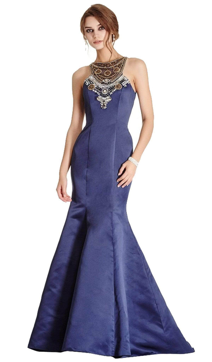 Trevi Collection - Ornate Halter Neck Trumpet Evening Gown Evening Dresses XXS / Navy