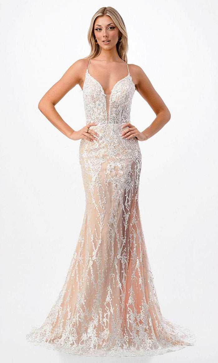 Trevi Collection P2211 - Plunging Embroidered Sleeveless Prom Dress Evening Dresses XS / White-Nude