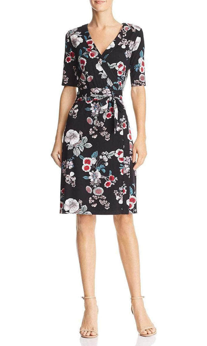 Adrianna Papell AP1D103459 - Floral Short Sleeved Faux Wrap Dress Special Occasion Dress 2 / Black Multi