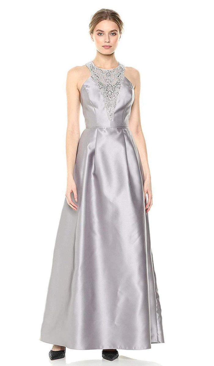 Adrianna Papell - AP1E203176 Embellished Halter Long A-line Dress Special Occasion Dress 0 / Silver