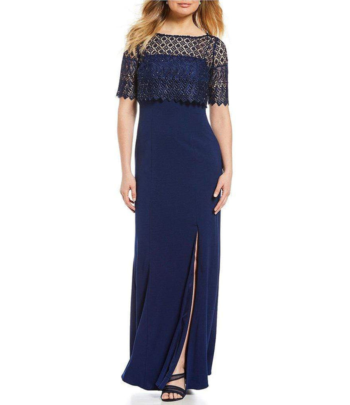 Adrianna Papell - AP1E203288 Lace Popover Bateau Evening Dress Special Occasion Dress 00 / Light Navy