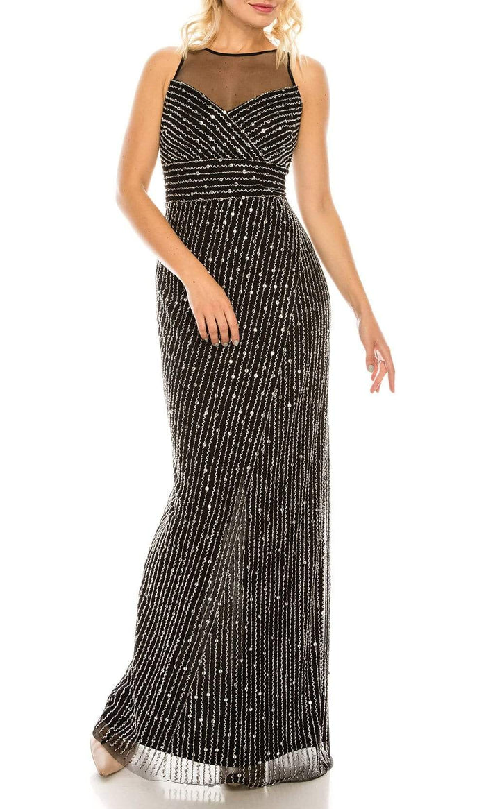 Adrianna Papell - AP1E205824 Illusion Bateau Fitted Evening Dress Evening Dresses 0 / Black Silver