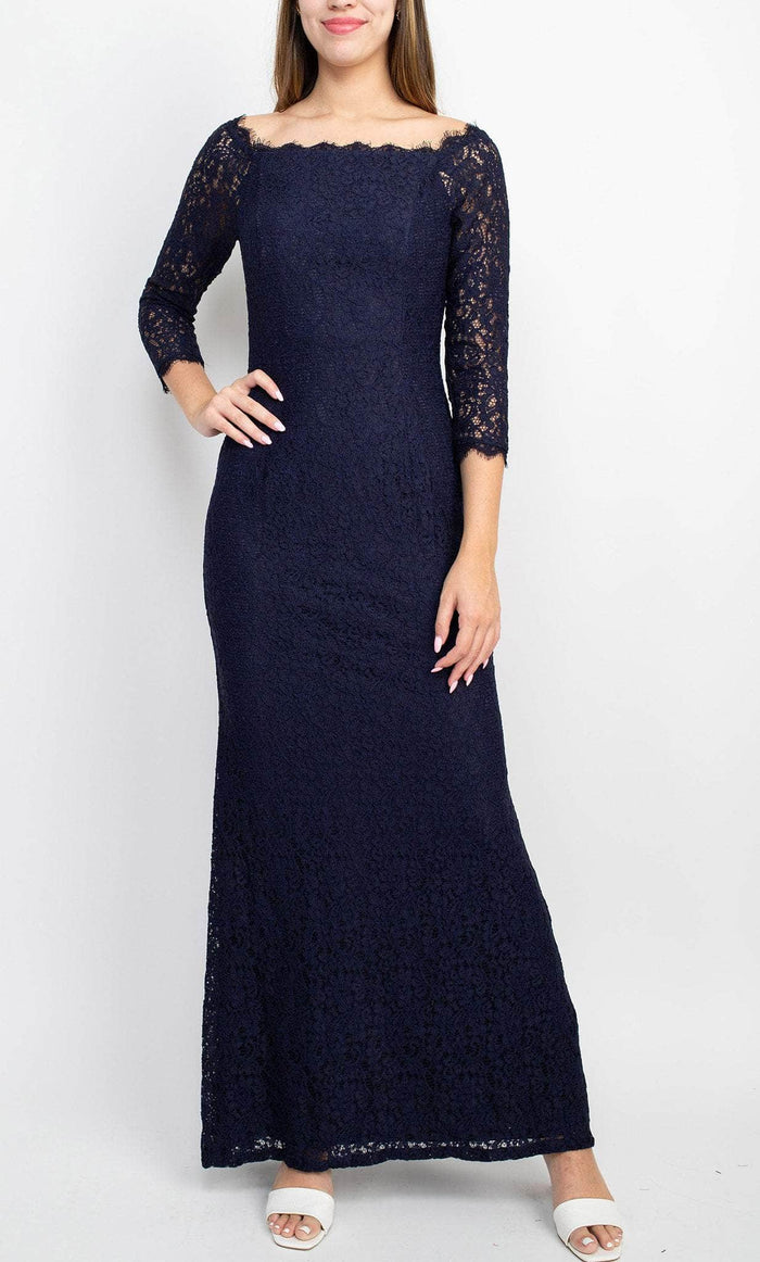 Adrianna Papell AP1E209461 - Straight-Across Neck Lace Evening Dress Evening Dresses 2 / Navy