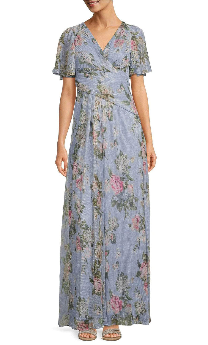 Adrianna Papell AP1E209735 - Short Sleeve V Neck Long Dress Evening Desses 0 / Dusty Blue Multi