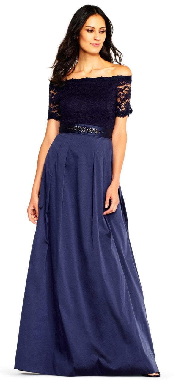 Adrianna Papell - Off-Shoulder Taffeta A-line Gown AP1E201965 - 1 pc Navy In Size 16 Available CCSALE 16 / Navy