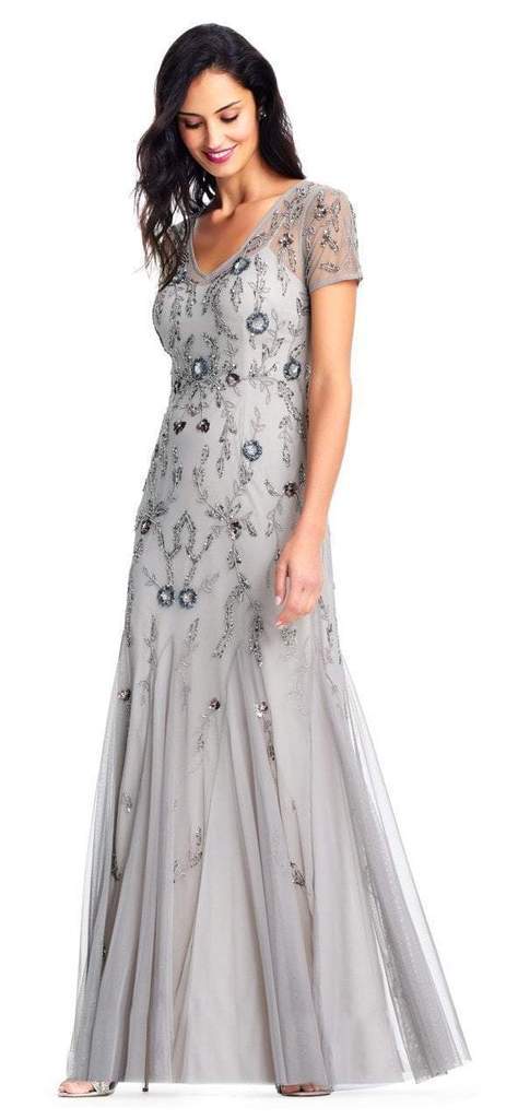 Adrianna Papell Short Sleeves Floral Beaded Godet Trumpet Gown