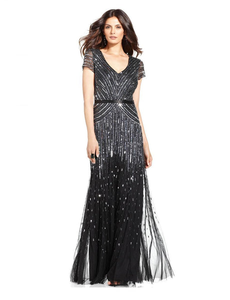 Adrianna Papell V Neckline Sequined Mesh Long Dress