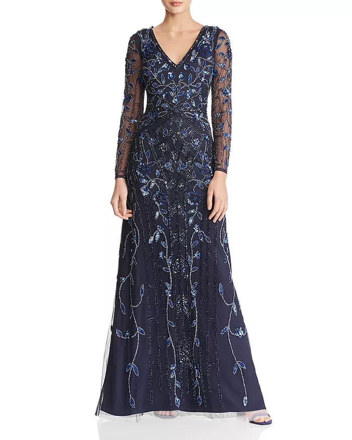 Aidan Mattox - MD1E203314 Embellished Sheer Long Sleeves A-line Dress Special Occasion Dress 00 / Twilight