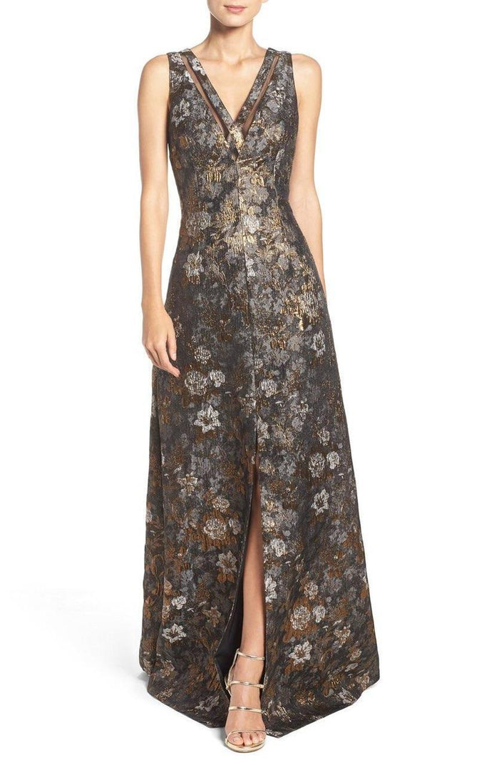 Aidan Mattox V-Neck Printed Jacquard Evening Dress MD1E200300 CCSALE 2 / Brown Multi