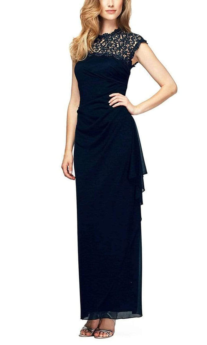 Alex Evenings - 112388 Lace Illusion Neckline Cutout Back Long Dress Mother of the Bride Dresses 6 / Navy