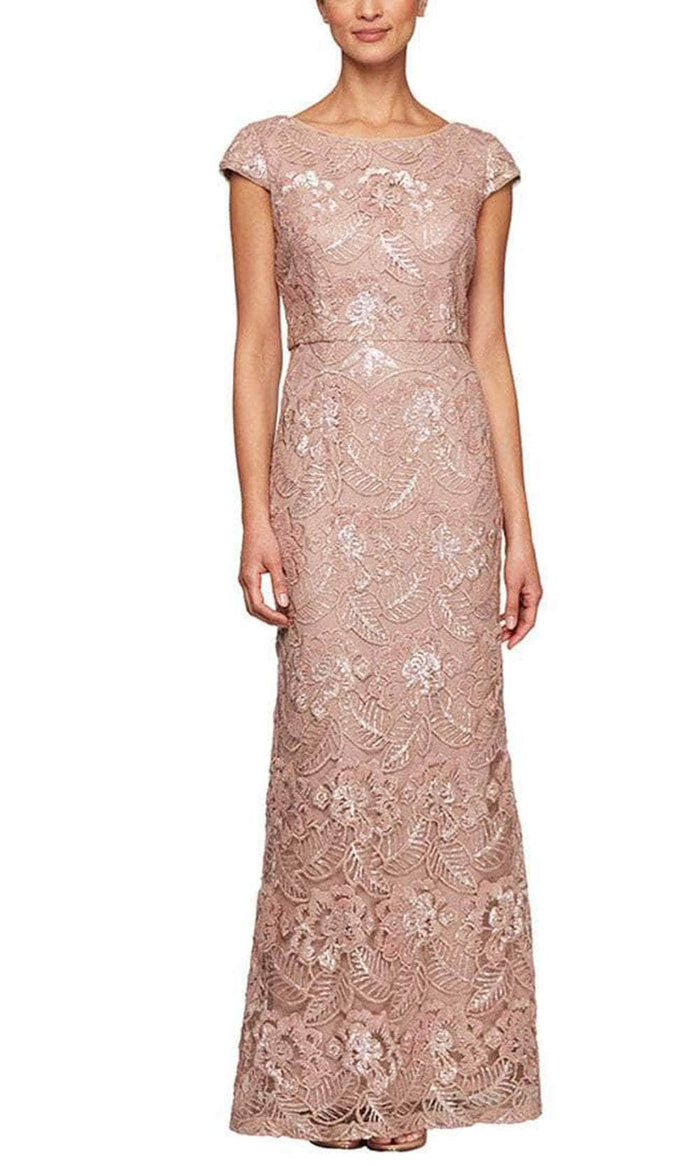 Alex Evenings - 8117922 Cap Sleeved Embroidered Long Dress Special Occasion Dress 2 / Rose Gold