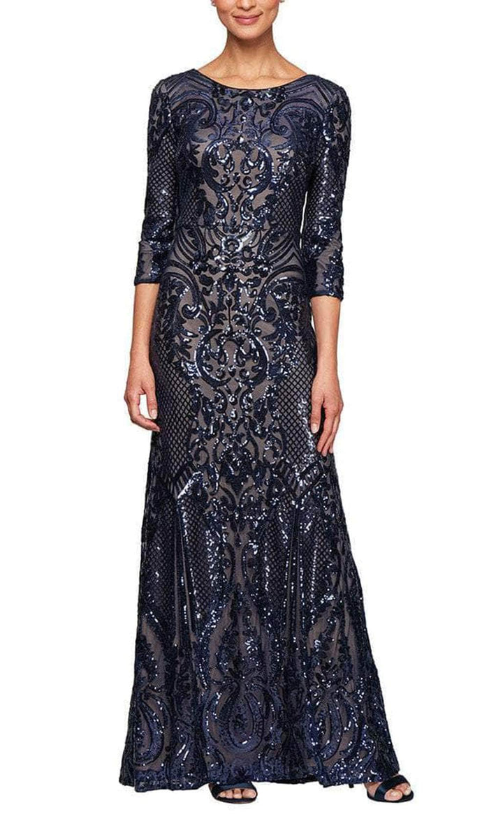 Alex Evenings - 8196609 Sequin 3/4 Sleeve Mermaid Dress Special Occasion Dress 2 / Navy/Nude