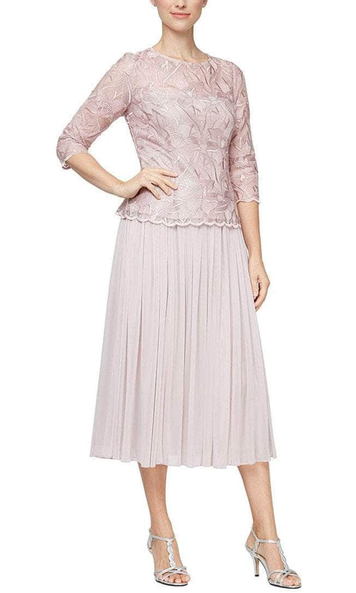 Alex Evenings - 82122516 Floral Lace Bodice Tea Length Dress Wedding Guest Dresses 4P / Rose