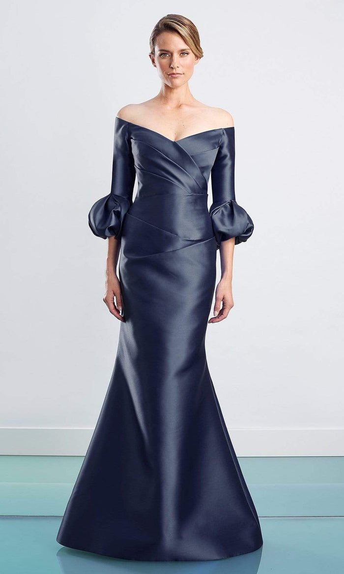 Alexander By Daymor - 1465 Off Shoulder Faux Wrap Trumpet Gown Evening Dresses 4 / Navy