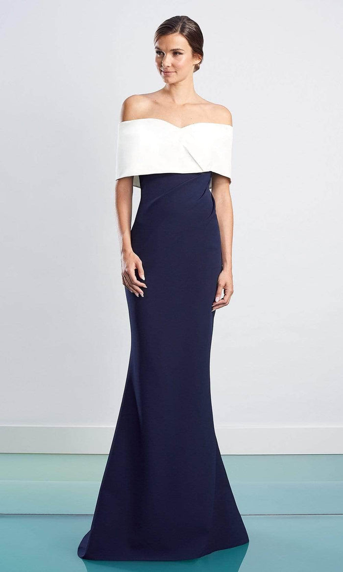 Alexander by Daymor - Off Shoulder Sheath Evening Dress 1471 CCSALE 8 / Navy/White