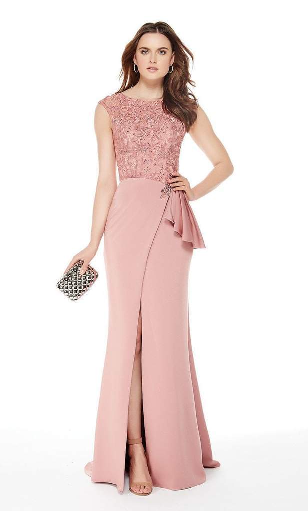 Alyce Paris - 27024 Lace Bateau Neck Stretch Crepe Sheath Dress CCSALE 12 / Antique Rose