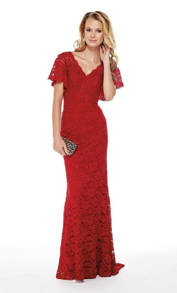 Alyce Paris - 27025 V-Neck Flutter Sleeved Floral Lace Sheath Dress CCSALE 6 / Red