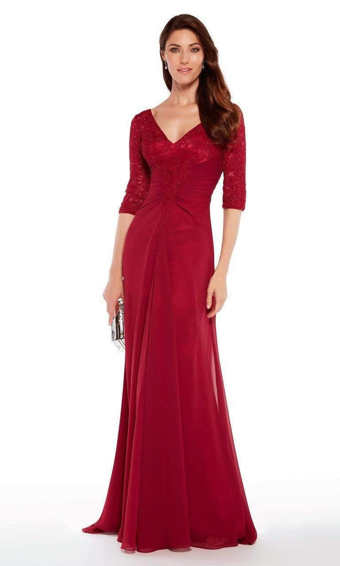 Alyce Paris - 27234 Quarter Sleeves Lace Chiffon A-line Gown Special Occasion Dress 000 / Wine