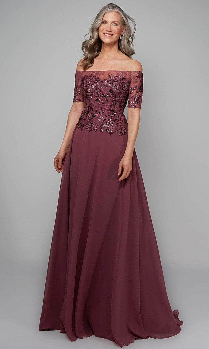 Alyce Paris 27566 - Embroidered Off-shoulder Long Dress Prom Dresses 000 / Cassis (Antique Rose)