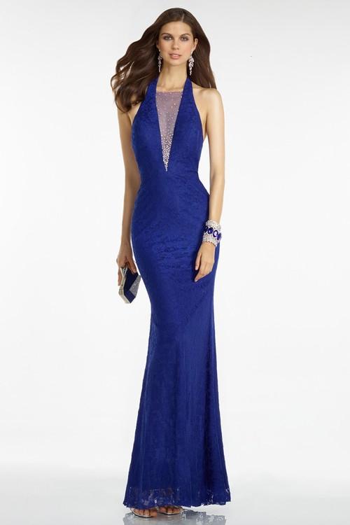 Alyce Paris 35793 Plunging Illusion Halter Strap Lace Gown CCSALE 00 / Cobalt