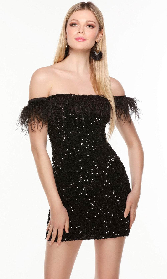 Alyce Paris 4606 - Off-Shoulder Feather Short Dress Special Occasion Dress 000 / Black