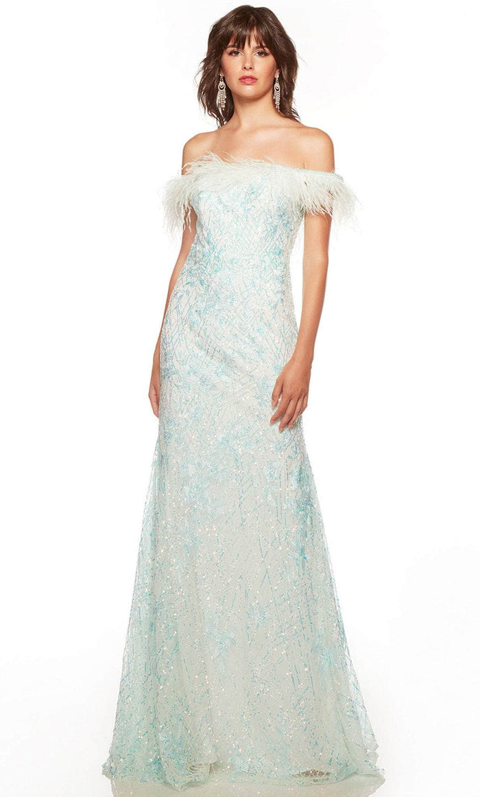 Alyce Paris 61406 - Off Shoulder Feathered Long Gown Special Occasion Dress 000 / Mint