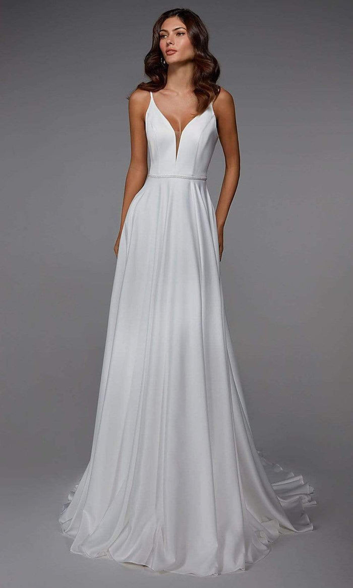 Alyce Paris - 7024 V Neck Minimalist A-Line Gown Wedding Dresses 00 / Diamond White